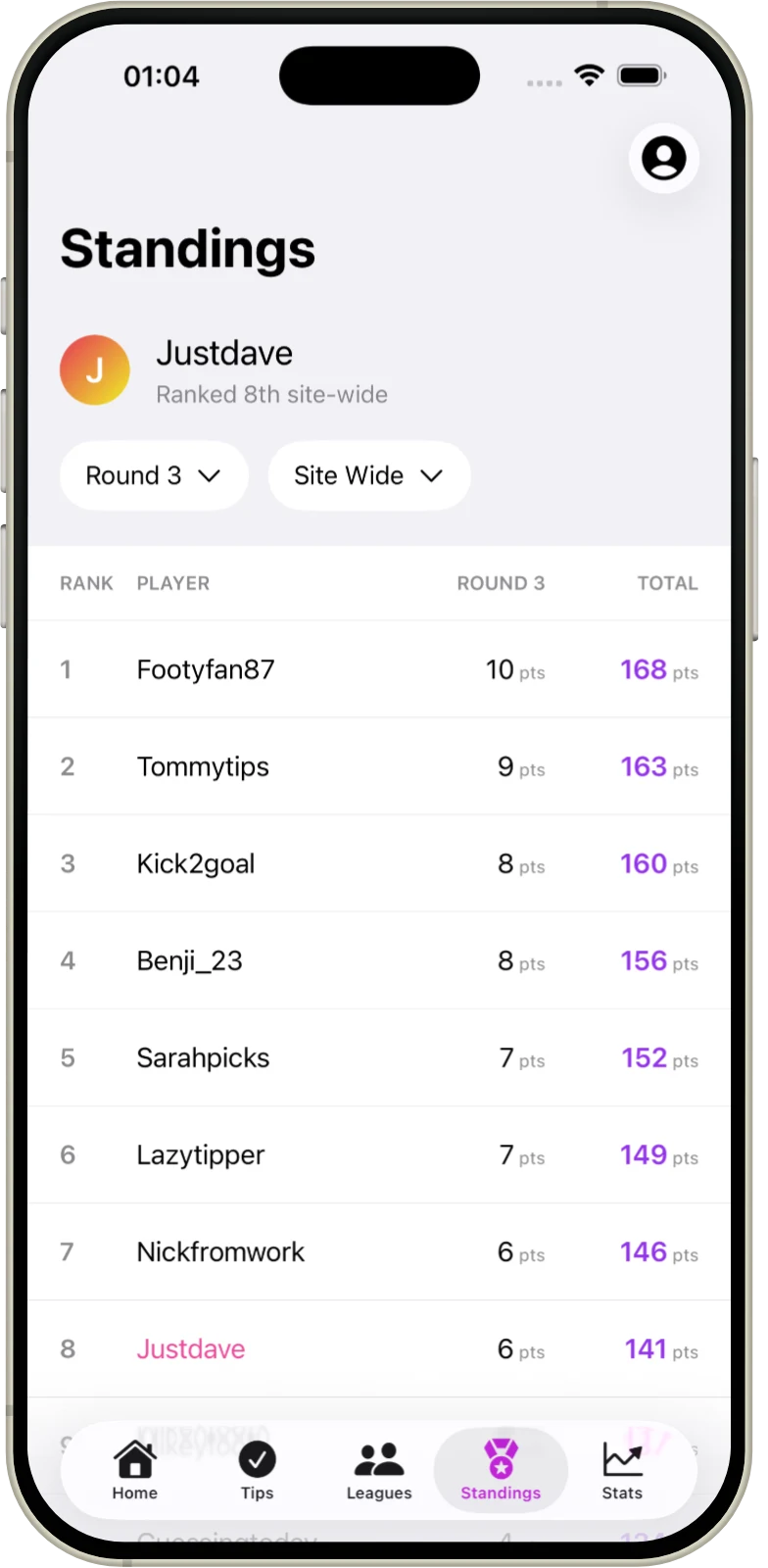 League standings ladder
